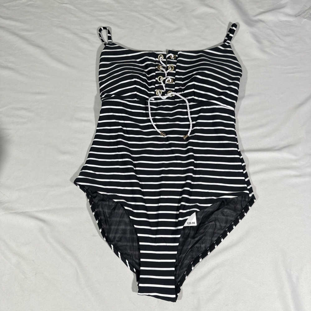 NWT Sea Level‎ [ 8 US ] Lace-Up Stripe One-Piece Swimsuit in Black White 7158 - Picture 4 of 13